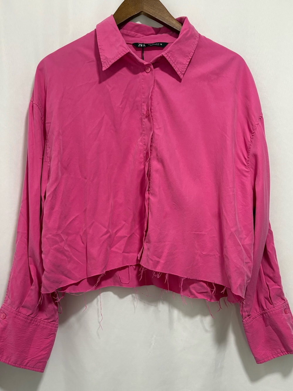 Zara Hot Pink Cropped Raw Hem Button Shirt XS